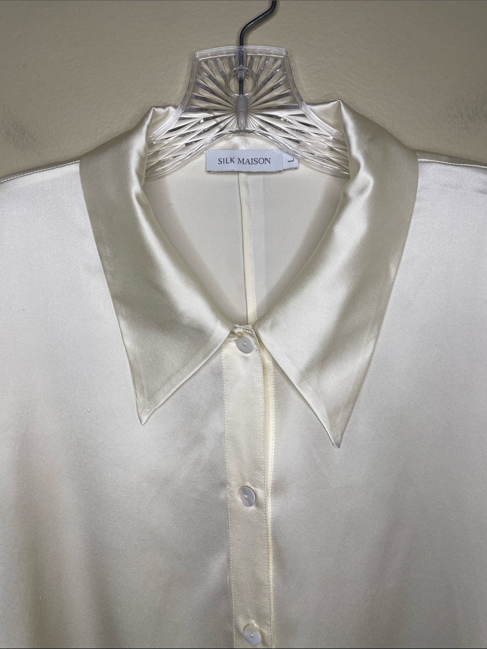 SILK MAISON Ivory MULLBERRY Silk Long Button Down Quiet Luxury Shirt Blouse Lg - Picture 3 of 14